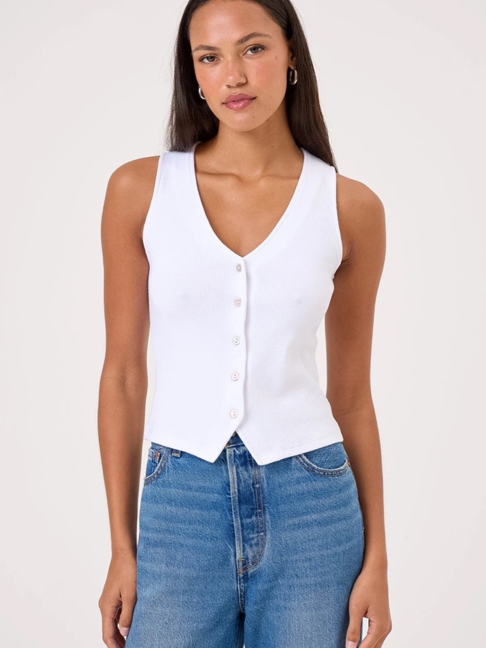 Goldie SIMONE VEST White V-Neck Button Front Ribbed Tank Top - Women